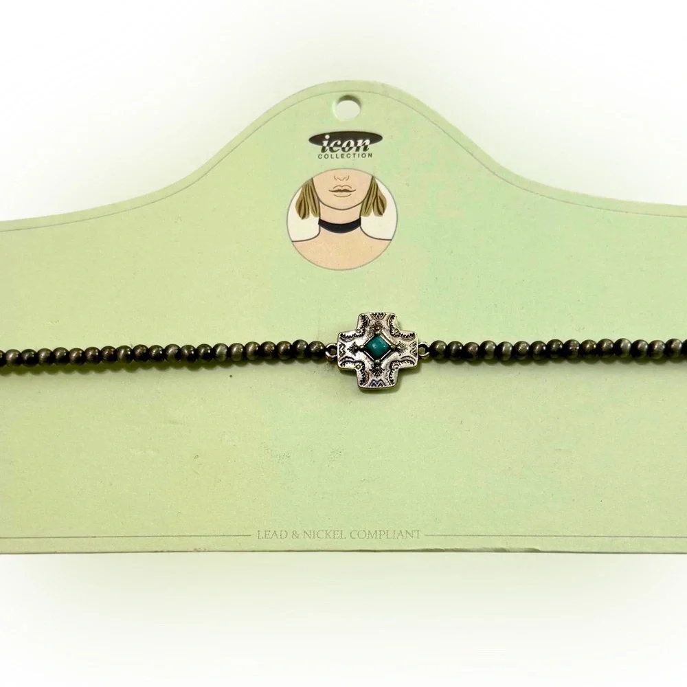 ICONIC COLLECTION Silver Pearl Chocker Necklace with Turquoise Cross Pendant NEW